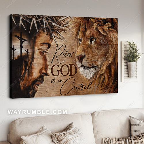 Brown lion, Jesus face, Jesus on the cross, Relax God is in control - Jesus Landscape Canvas Prints, Home Decor Wall Art