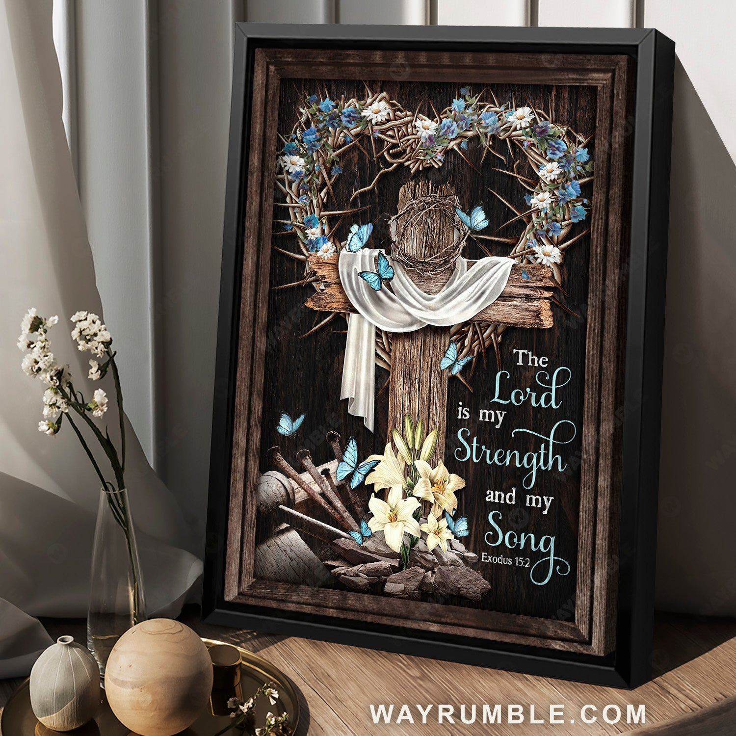 Stunning heart, Beautiful cross, Blue butterfly, The Lord is my strength - Jesus Portrait Canvas Prints, Home Decor Wall Art