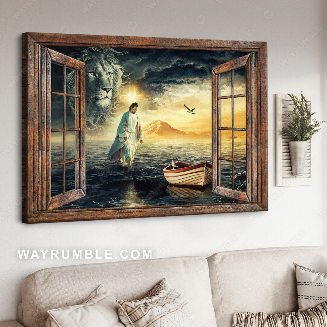 Storm drawing, Lion of Judah, Wooden boat, Jesus walk on water - Jesus Landscape Canvas Prints, Home Decor Wall Art