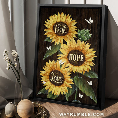 Sunflower drawing, Beautiful butterfly, Faith, Hope, Love - Jesus Portrait Canvas Prints, Home Decor Wall Art