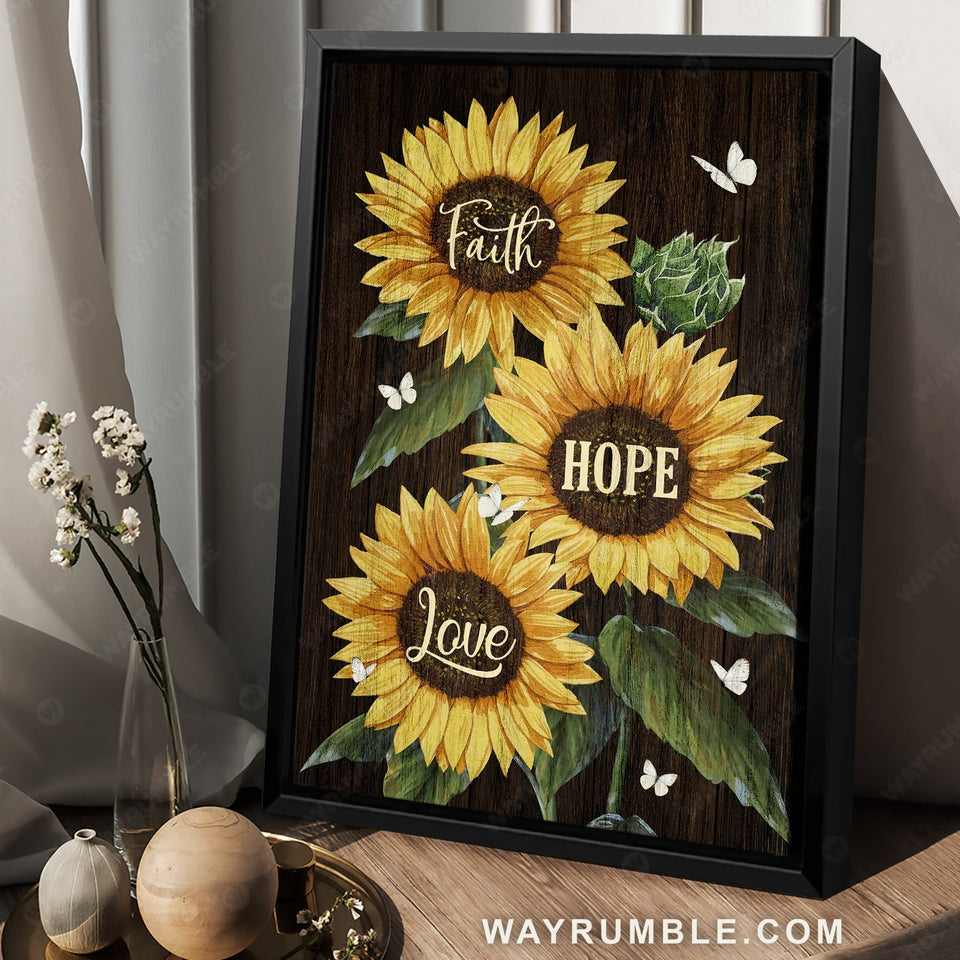 Sunflower drawing, Beautiful butterfly, Faith, Hope, Love - Jesus Portrait Canvas Prints, Home Decor Wall Art