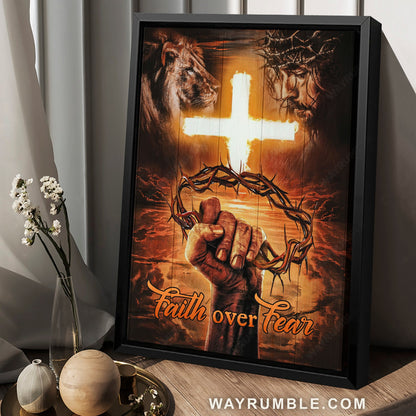 Stunning cross, Amazing crown of thorn, Lion of Judah, Faith over fear - Jesus Portrait Canvas Prints, Home Decor Wall Art