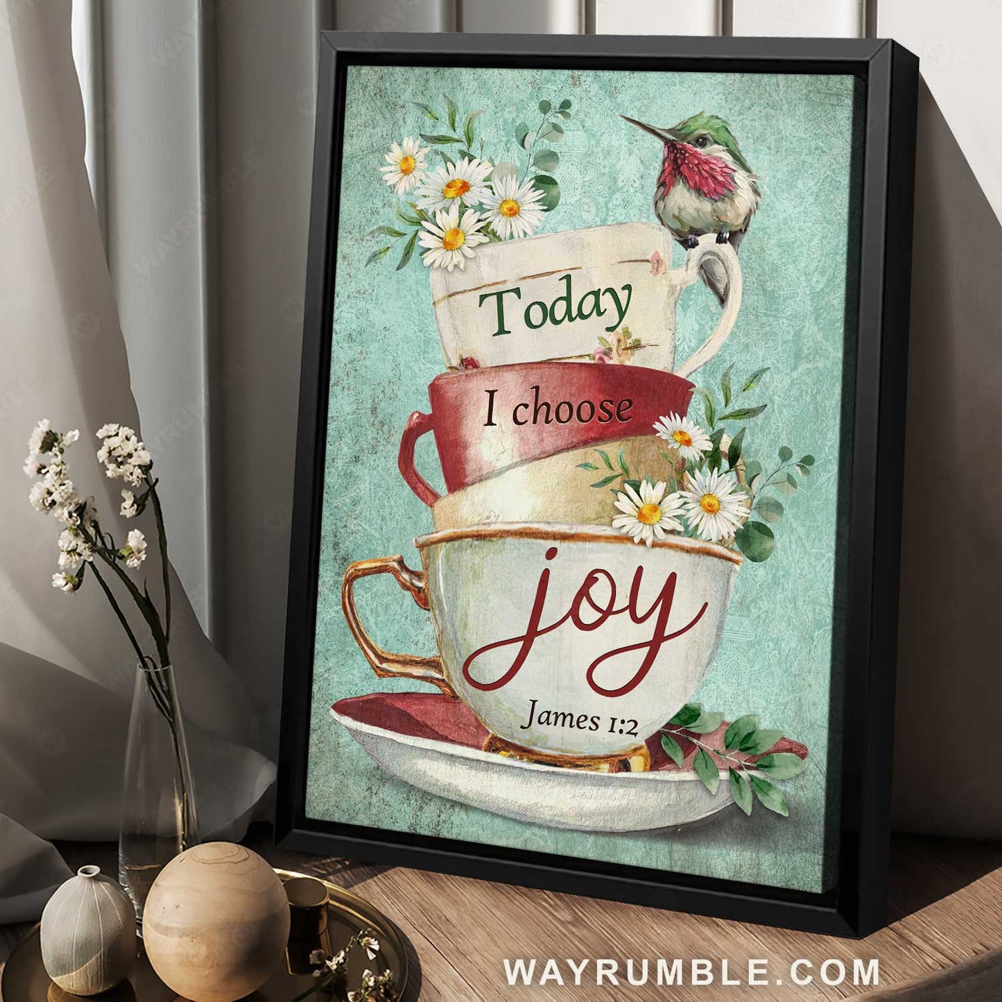 Pretty cup artwork, Daisy flower, Cute hummingbird, Today I choose joy - Jesus Portrait Canvas Prints, Home Decor Wall Art