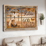 Lion of Judah, Monarch butterfly, Wooden cross, Relax God is in control - Jesus Landscape Canvas Prints, Home Decor Wall Art