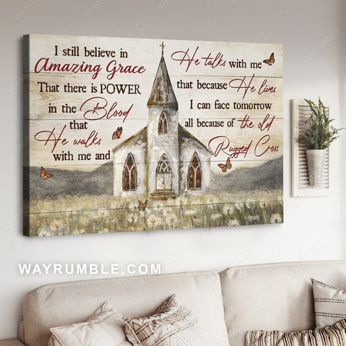 Watercolor church painting, Dandelion field, I still believe in amazing grace - Jesus Landscape Canvas Prints, Home Decor Wall Art