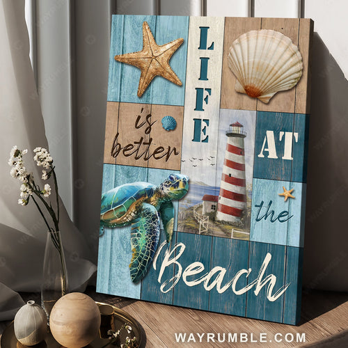 Pretty lighthouse, Sea turtle, Ocean view, Life is better at the beach - Jesus Portrait Canvas Prints, Home Decor Wall Art