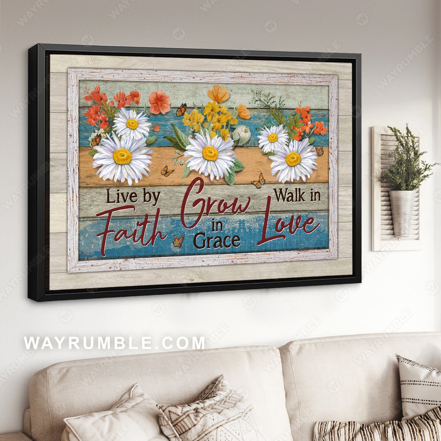 Colorful flower, White daisy, Monarch butterfly, Live by faith - Jesus Landscape Canvas Prints, Home Decor Wall Art