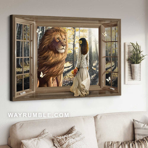 Beautiful lion, Wooden window, Pretty girl, Sunny day - Jesus Landscape Canvas Prints, Christian Wall Art