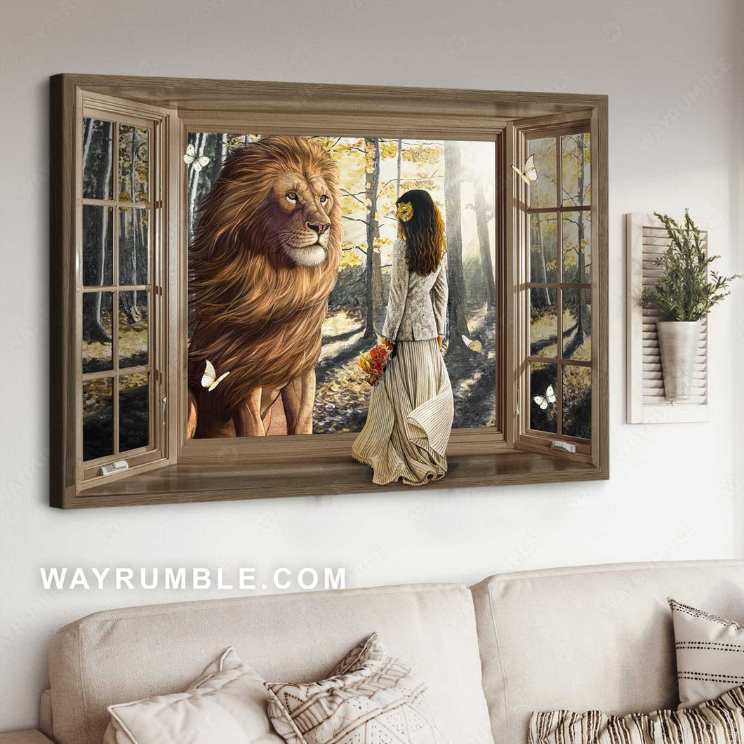 Beautiful lion, Wooden window, Pretty girl, Sunny day - Jesus Landscape Canvas Prints, Christian Wall Art