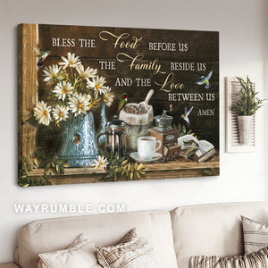Pretty daisy flower, Coffee drawing, Hummingbird, Bless the food before us - Jesus Landscape Canvas Prints, Home Decor Wall Art