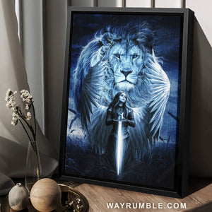 Blue night, Woman warrior, Lion of Judah, Stunning wings - Jesus Portrait Canvas Prints, Home Decor Wall Art