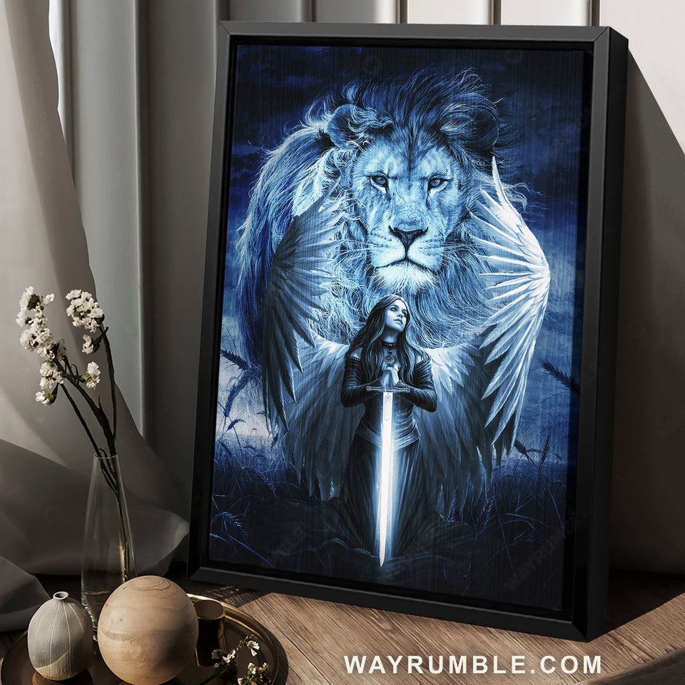 Blue night, Woman warrior, Lion of Judah, Stunning wings - Jesus Portrait Canvas Prints, Home Decor Wall Art