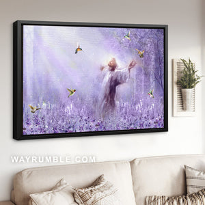 Lavender field, Purple painting, Walking with Jesus, Hummingbird drawing - Jesus Landscape Canvas Prints, Living Room Wall Art