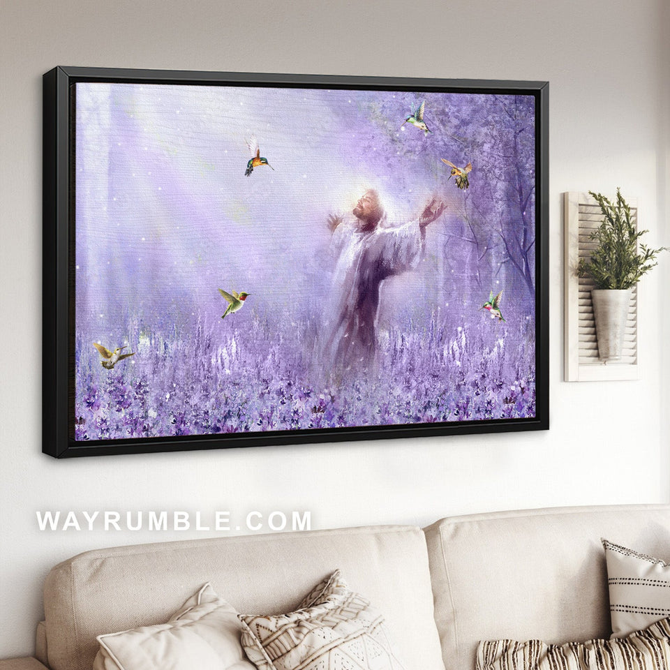 Lavender field, Purple painting, Walking with Jesus, Hummingbird drawing - Jesus Landscape Canvas Prints, Living Room Wall Art