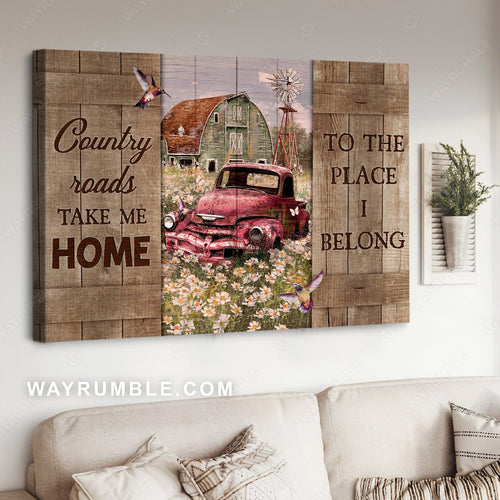 Daisy field, Antique ladybug car, Vintage house, Country roads take me home - Jesus Landscape Canvas Prints, Home Decor Wall Art