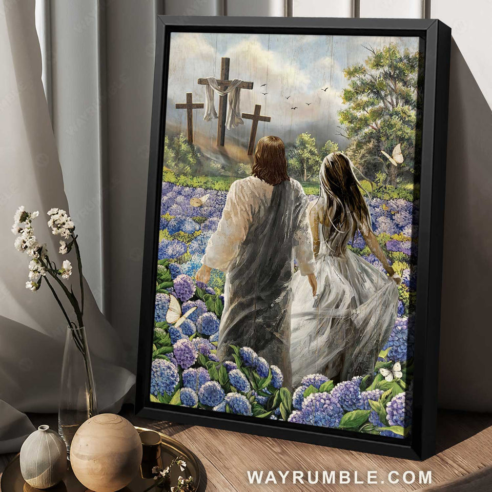 Beautiful flower field, Purple hydrangea, Walking with Jesus, Pretty girl - Jesus Portrait Canvas Prints, Home Decor Wall Art