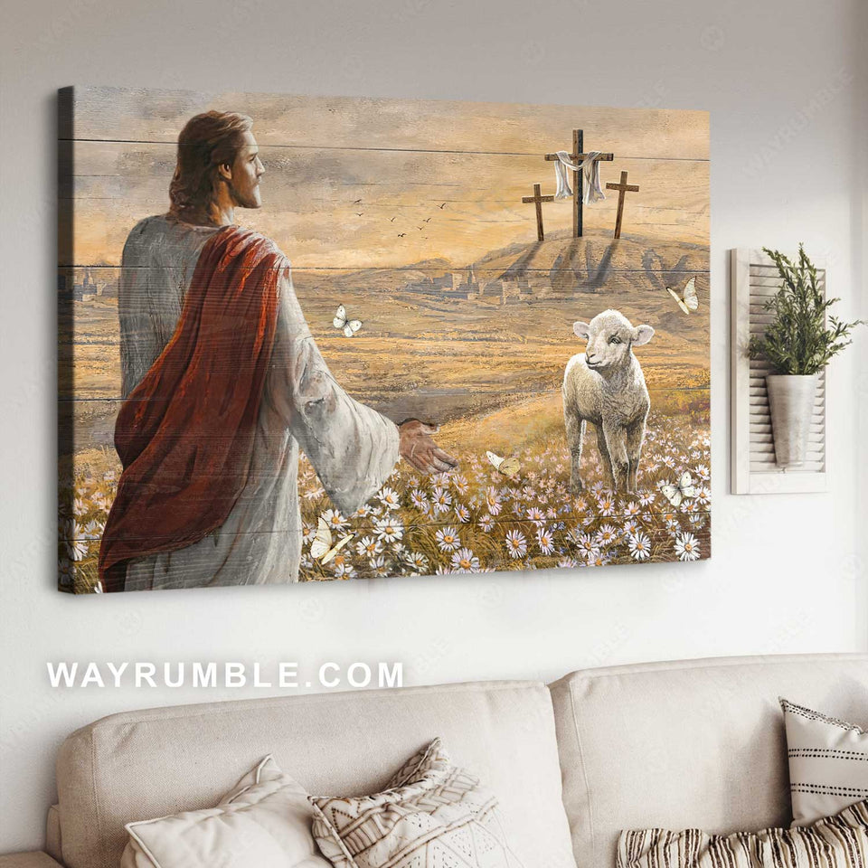 Watercolor Jesus painting, Lovely lamb, Daisy field, Beautiful meadow land - Jesus Landscape Canvas Prints, Home Decor Wall Art