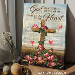 Brilliant red rose, Pretty cardinal, Wooden cross, God has you in his arms - Jesus Portrait Canvas Prints, Home Decor Wall Art