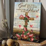 Brilliant red rose, Pretty cardinal, Wooden cross, God has you in his arms - Jesus Portrait Canvas Prints, Home Decor Wall Art