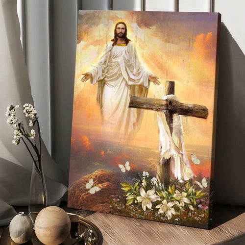 Jesus drawing, Cross symbol, Lily flower, Sunset, In the sky - Matte Canvas