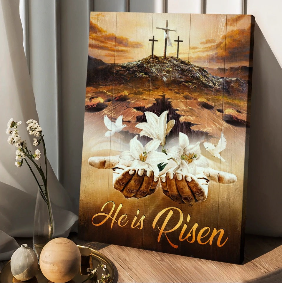 Jesus hands White lily Dove Cross He is risen - Matte Canvas