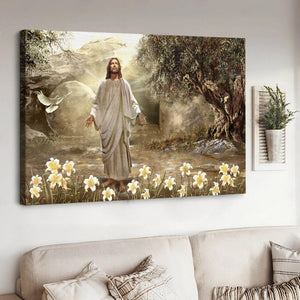 Jesus painting, Dove of peace, Meadow landscape, A new day has come - Matte Canvas