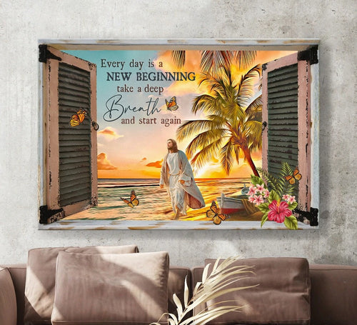 Sunrise beach Window frame Jesus Every day is a new beginning - Matte Canvas