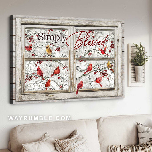 Winter forest, Watercolor cardinal, White window, Simply blessed - Jesus Landscape Canvas Prints, Home Decor Wall Art