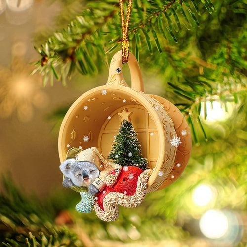 Ornament- Koala Sleeping in a tiny cup Christmas Holiday-Two Sided Ornament, Christmas Ornament, Car Ornament