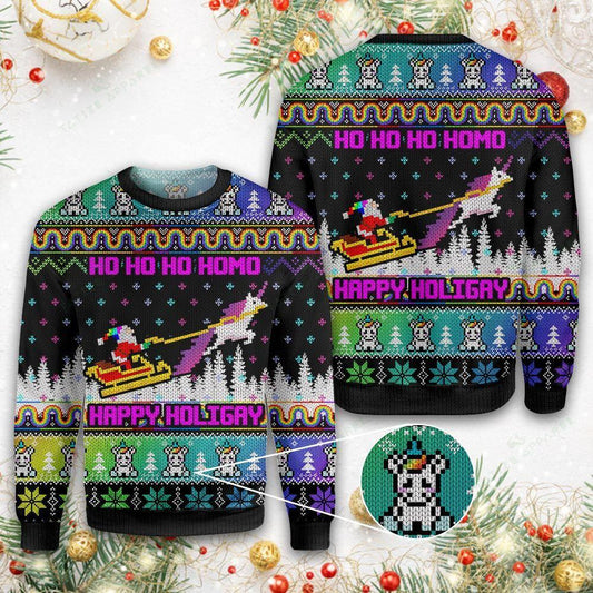 LGBT Santa Claus Rides A Horse Drawn Sleigh Ugly Christmas Sweater 