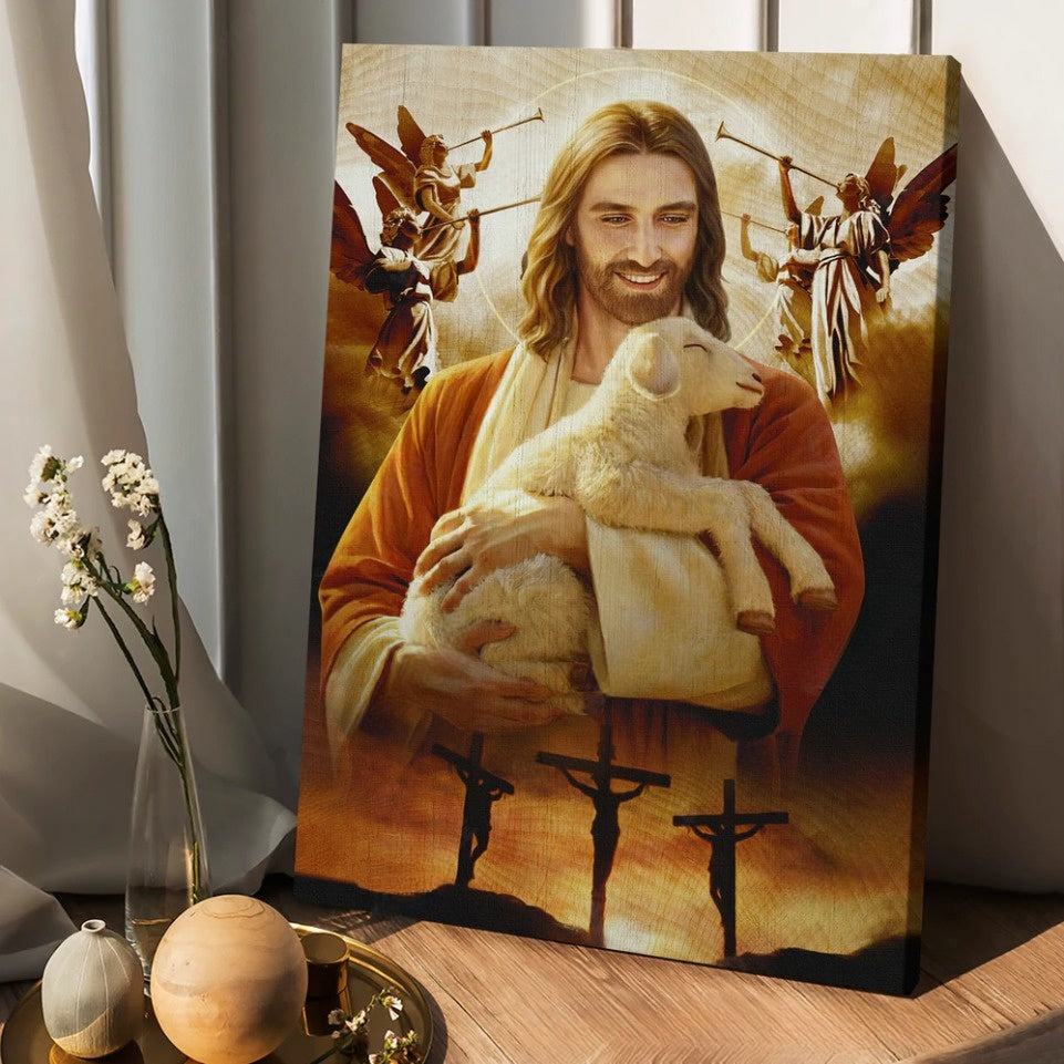 Lamb of God, Jesus drawing, Heaven angels, Three crosses - Matte Canvas