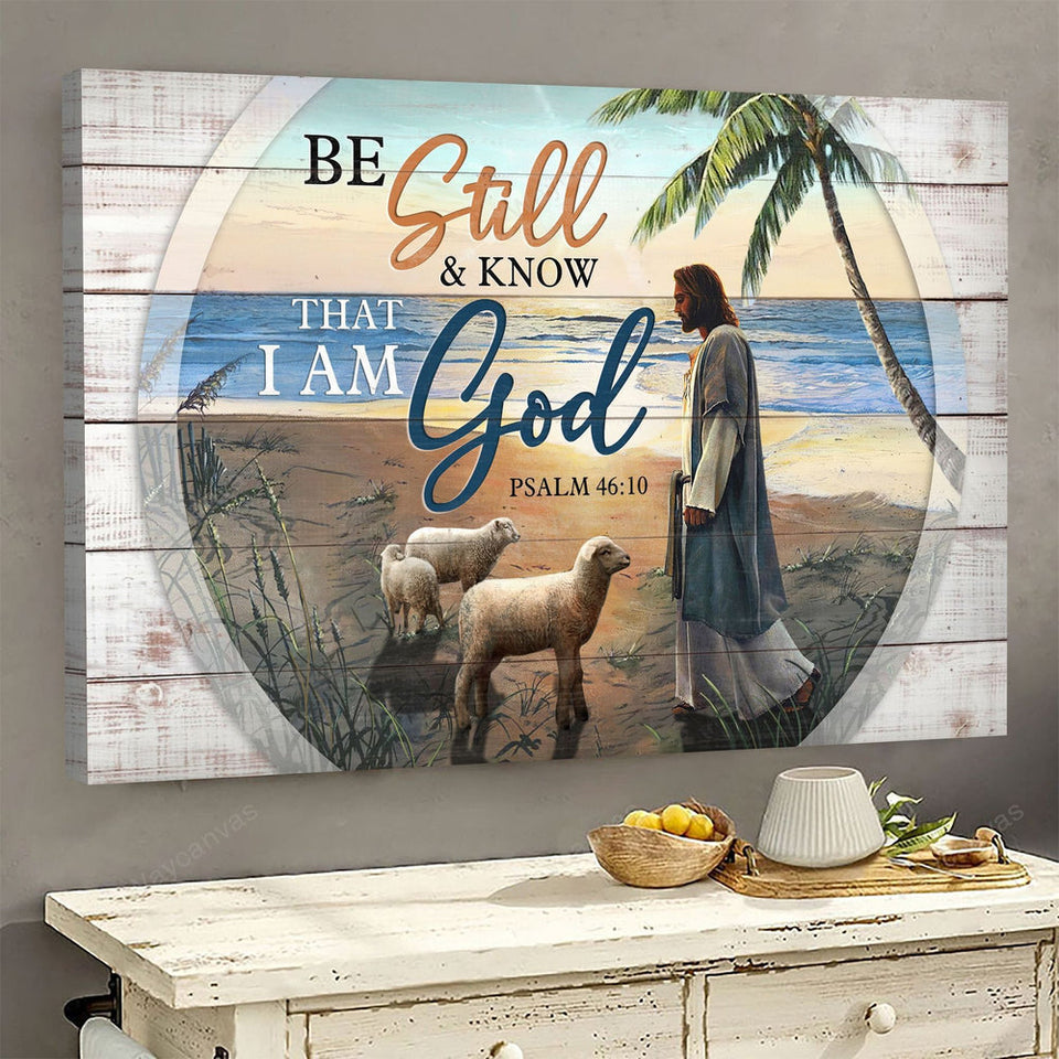 Jesus and lambs on the peaceful beach be still and know that i am God - Matte Canvas