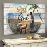 Jesus and lambs on the peaceful beach be still and know that i am God - Matte Canvas