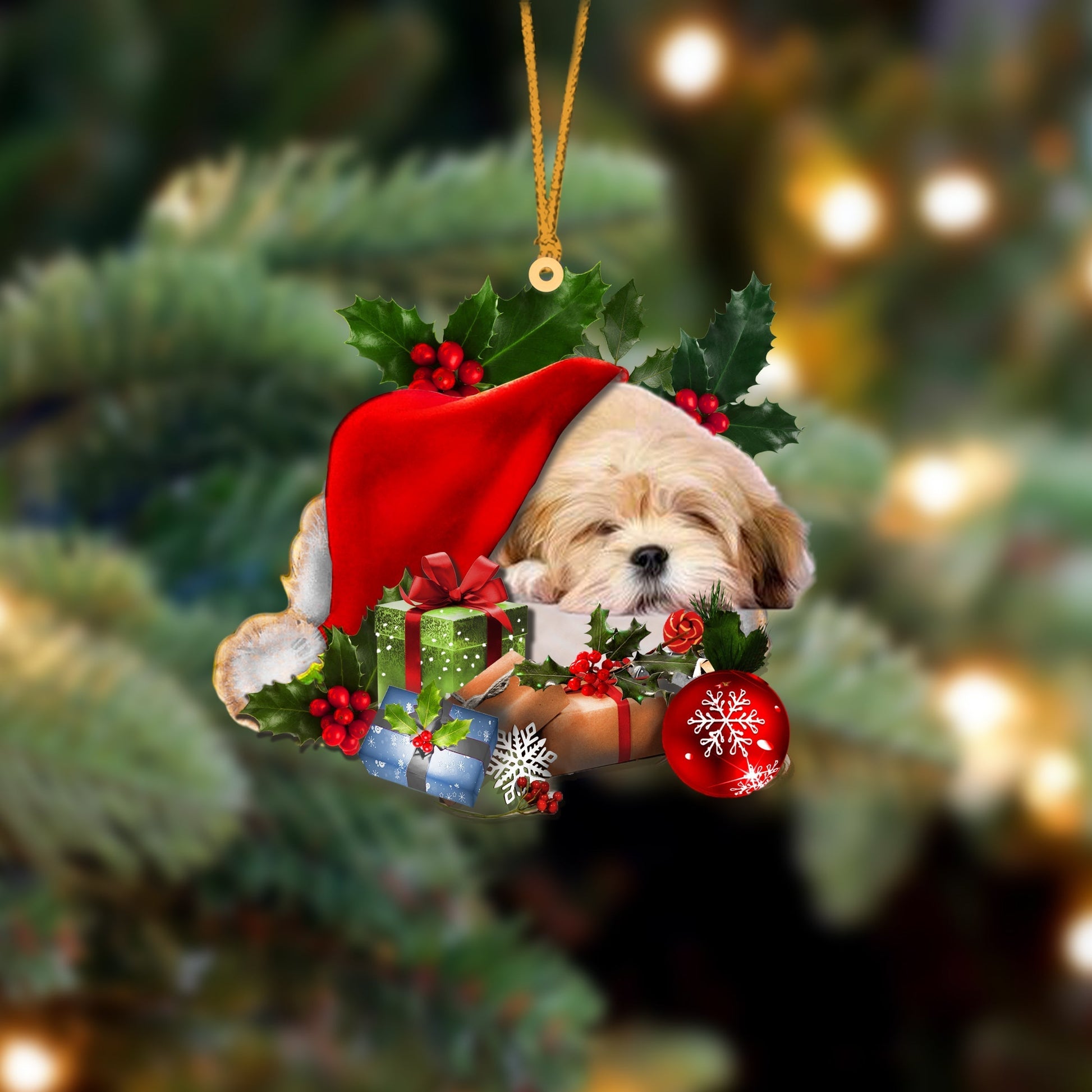 Lhasa Apso-Sleeping In Hat Two Sides Ornament Dog Sleeping Ornament