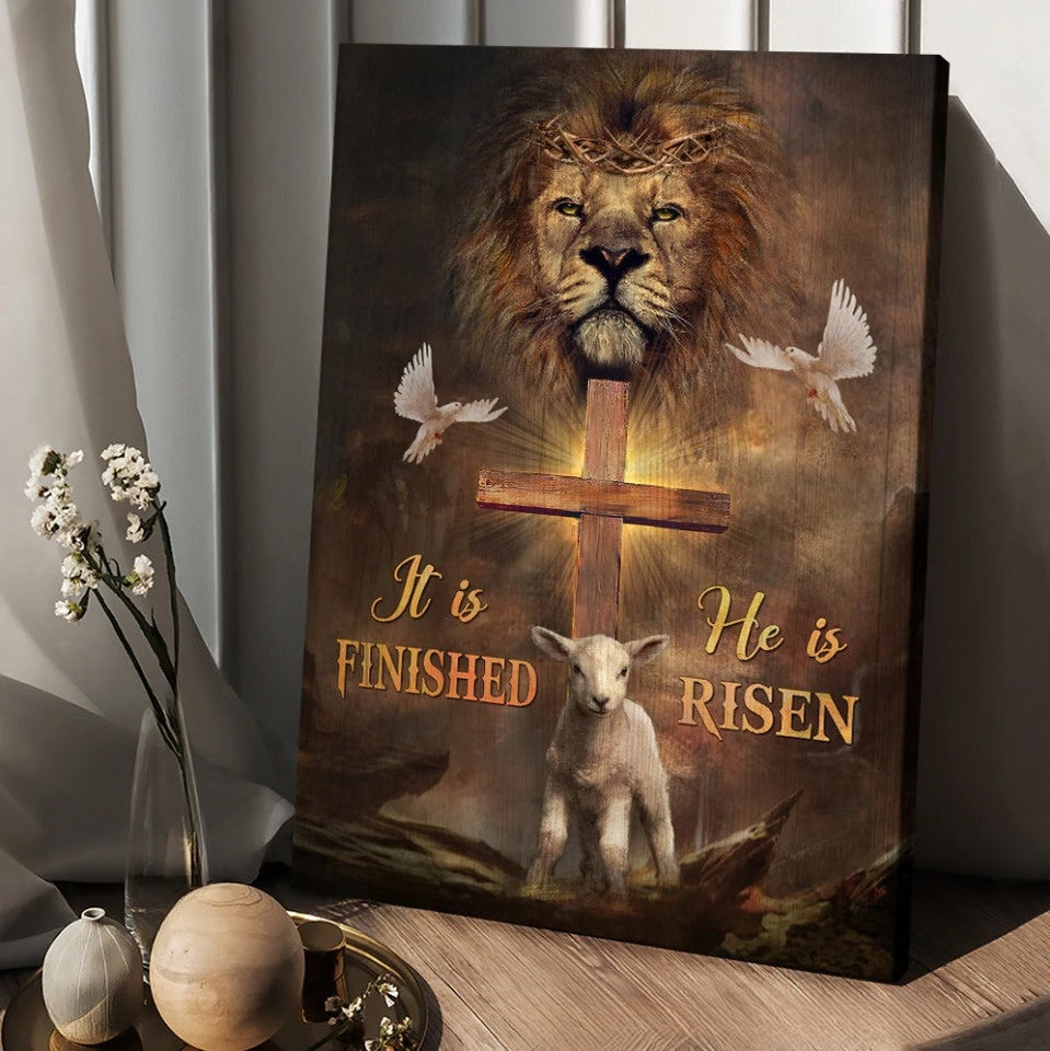 Lion Dove and Lamb Wooden cross He is risen - Matte Canvas