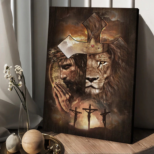 Lion of Judah, Face of Jesus, Golden crown, Cross - Matte Canvas