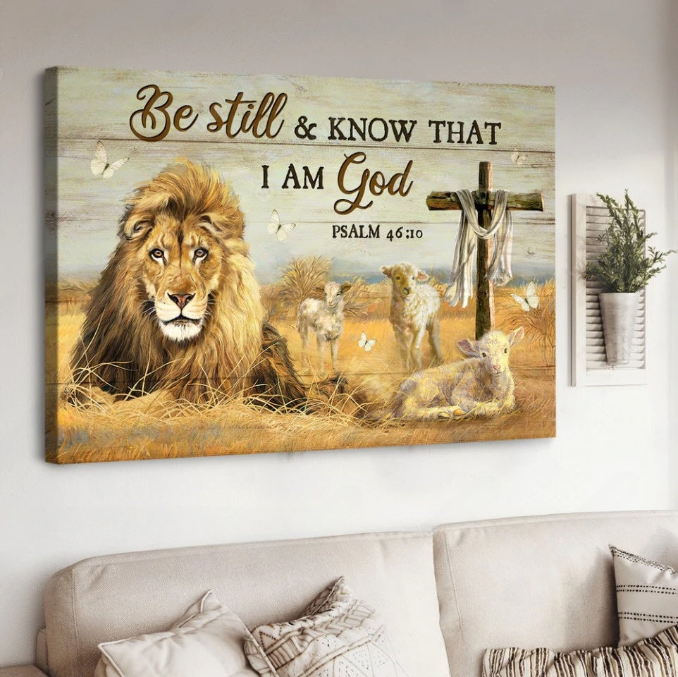 Lion of Judah Lamb Wooden cross Be still and know that I am God - Matte Canvas