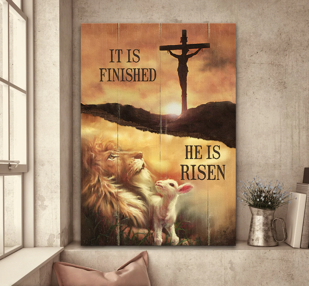 Lion and Lamb Sunset Painting It is finished he is risen - Matte Canvas