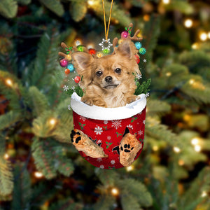 Long haired Tan Chihuahua In Snow Pocket Christmas Ornament Flat Acrylic Dog Ornament