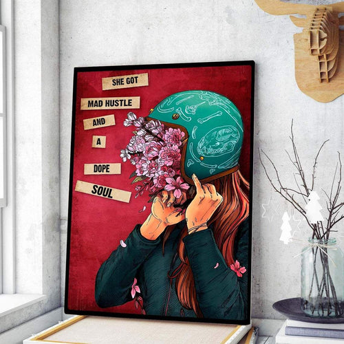 Love Motorcycle Poster, Biker Rider Motorbike, She Got Mad Hustle And A Dope Soul Canvas And Poster, Wall Decor Visual Art 1