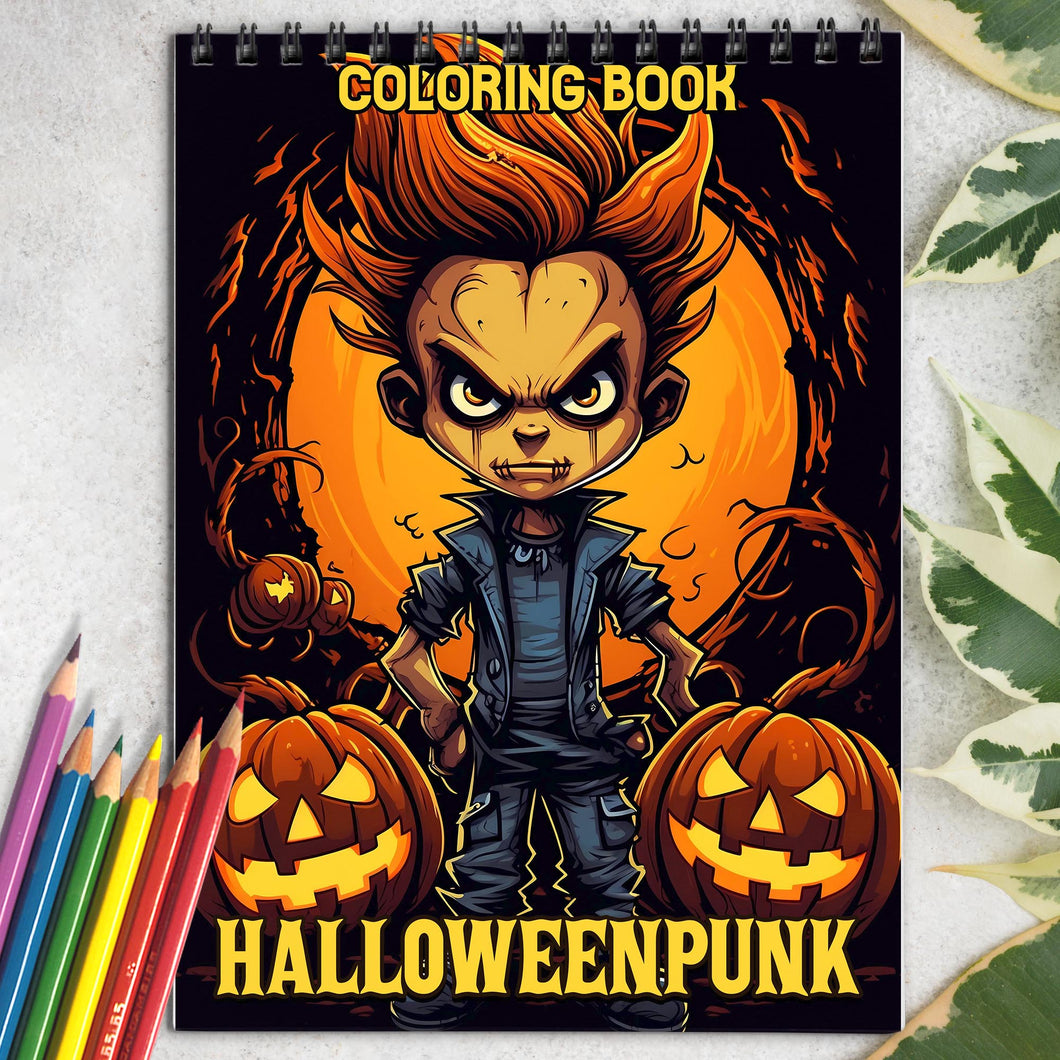 Halloweenpunk Spiral Coloring Book: 30 Coloring Pages, Fusing the Spookiness of Halloween with Punk Attitude