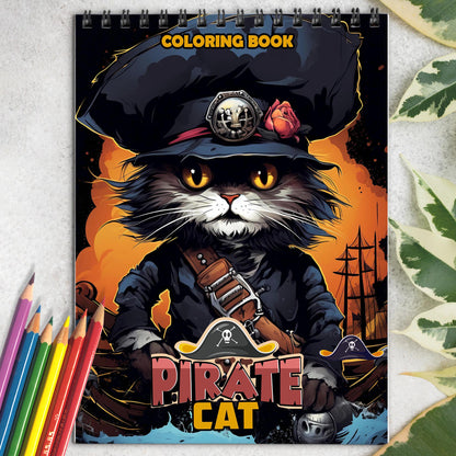 Pirate Cat Coloring Book (Grayscale) Spiral Bound Coloring Book: 30 Charming Pages for Coloring Enthusiasts to Embrace the Shadows, Textures, and Details of the Pirate Cat's Adventures