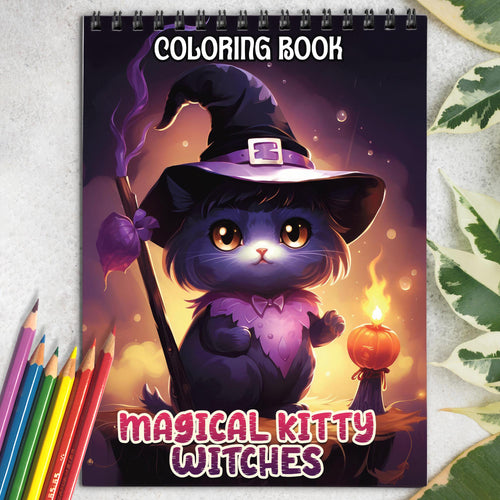 Magical Kitty Witches Spiral-Bound Coloring Book: 30 Captivating Coloring Scenes of Adorable Magical Kitty Witches 