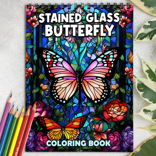 Stained Glass Butterfly Spiral Bound Coloring Book: 30 Exquisite Coloring Page