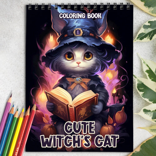 Cute Witch's Cat Spiral-Bound Coloring Book: 30 Charming Pages Filled with Enchanting Tales of Cute Witch's Cats