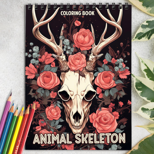 Animal Skeleton Spiral Bound Coloring Book: 30 Charming Coloring Pages for Coloring Enthusiasts to Embrace the Graceful Interplay of Skeletal Forms and Floral Designs