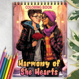 Harmony of She Hearts Spiral Bound Coloring Book: 30 Captivating Coloring Pages, Where Lesbian Couples Share Their Heartwarming Stories on Every Page.