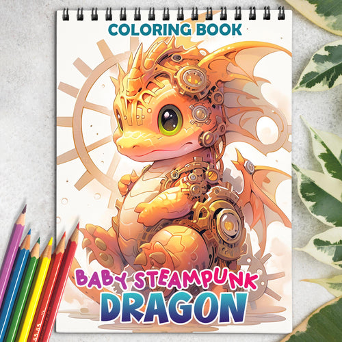 Baby Steampunk Dragon Spiral Bound Coloring Book: 30 Whimsical Coloring Pages of Baby Steampunk Dragons