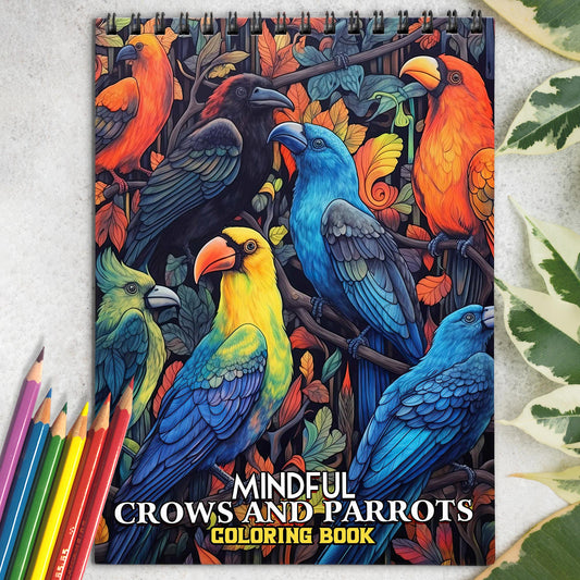 Mindful Crows And Parrots Spiral Coloring Book: Beautiful Coloring Book For Relaxation And Stress Relief, Awesome Illustrations For kids and Adults.