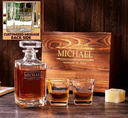 Personalised Engraved Decanter Set with wooden box, Premium gift for Best Man